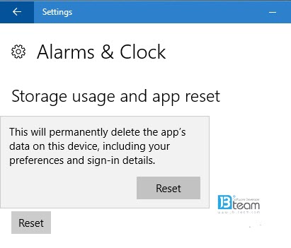 Reset Application in win 10